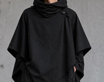 Black Hooded Tactical Poncho Cloak | Military Style Utility Cape, Cotton Canvas.