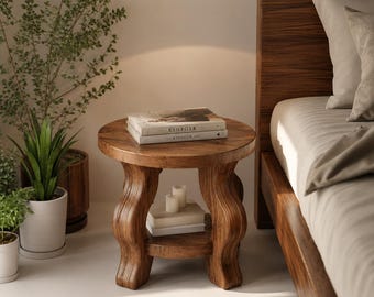 Modern Round Nightstand With Curved Legs – Handcrafted Solid Wood Bedside Table