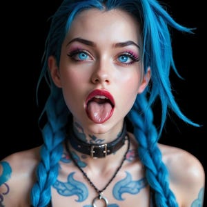 Peut inclure: Un portrait d'une personne aux cheveux bleu vif coiffés en deux longues tresses, aux yeux bleu clair et au rouge à lèvres rouge. La personne porte un tour de cou en cuir noir avec une boucle argentée et un collier à chaîne noire avec un pendentif circulaire.