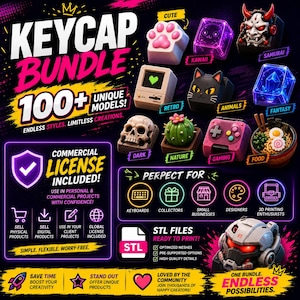 Peut inclure: Une publicité numérique pour un lot de touches de clavier comprenant plus de 100 modèles uniques. L'image présente divers designs de touches 3D, dont une patte de chat, un masque de samouraï, un ordinateur rétro, un crâne, un cactus et un bol de ramen. Elle inclut du texte sur les licences commerciales et les fichiers STL.