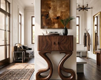Modern Wooden Console Table with Sculptural Symmetrical Base, Handmade Entryway Table