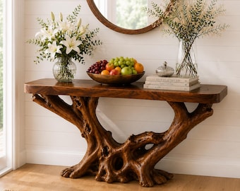 Mesa de console artesanal em madeira de raiz orgânica