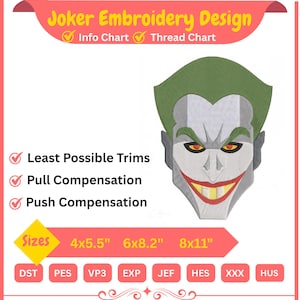 Joker Embroidery Face Villain Clown Face Embroidery Design | Sinister Clown Machine File | Halloween Evil Jester PES DST Instant Download
