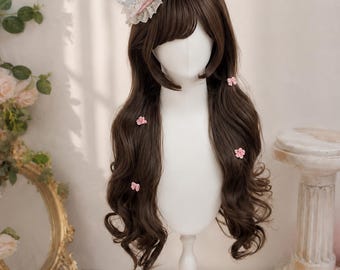 Parrucca Lolita marrone ondulata fatta a mano, dolce acconciatura Kawaii per cosplay con frangia, parrucca da principessa Fairycore per tutti i giorni