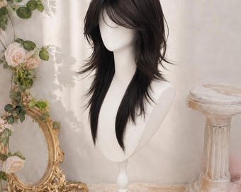 Parrucca nera naturale a strati, realizzata a mano, con frangia, taglio shag soffice per tutti i giorni, capelli alternativi realistici