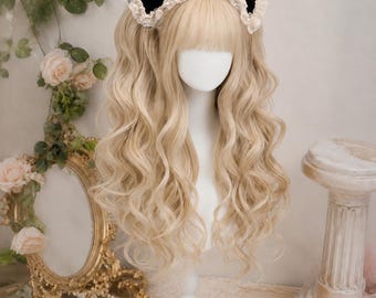 Parrucca ondulata biondo platino fatta a mano con frangia / Capelli ricci e vaporosi in stile Lolita / Parrucca personalizzata per uso quotidiano da donna