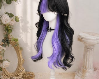 Parrucca ondulata nera e viola fatta a mano, stile gotico bicolore, ideale per l'uso quotidiano in stile Alt-E-Girl.
