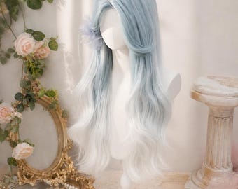 Parrucca ombre blu pastello fatta a mano, capelli lunghi e ondulati da fantasia, parrucca eterea da fata Lolita
