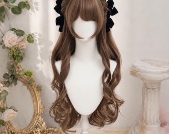 Parrucca lunga ondulata marrone fatta a mano con graziosi fiocchi, accessorio romantico da principessa per cosplay, parrucca kawaii per tutti i giorni