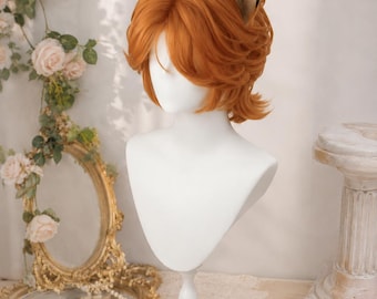 Parrucca rossa soffice fatta a mano, capelli corti ondulati arancioni per cosplay, copricapo per costume fantasy anime.
