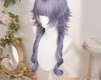 Parrucca fantasy lilla fatta a mano, capelli mossi a strati per cosplay con frangia, parrucca Sweet Lolita con due code.