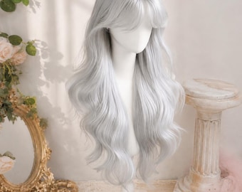 Parrucca ondulata eterea color argento, realizzata a mano, lunga, riccia, grigio cenere con frangia, look naturale, ideale per tutti i giorni e per cosplay.