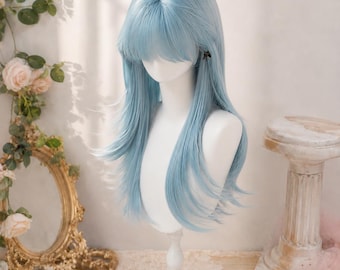 Parrucca a strati blu pastello fatta a mano con frangia morbida / Parrucca lunga in stile fairycore / Parrucca estetica per tutti i giorni e per cosplay
