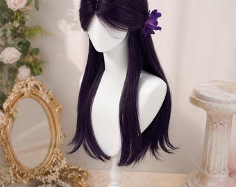 Parrucca lunga viola scuro fatta a mano, capelli prugna fantasy con acconciatura personalizzata, romantica, per cosplay o per tutti i giorni.