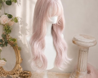 Parrucca ondulata rosa pastello fatta a mano con frangia / Capelli lunghi e ricci morbidi in stile fairycore per tutti i giorni o per cosplay