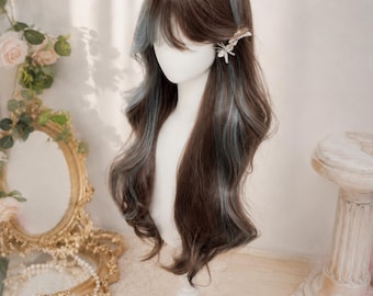 Parrucca lunga ondulata castana fatta a mano con riflessi blu / Capelli sintetici dall'aspetto naturale / Parrucca romantica Lolita per cosplay e uso quotidiano