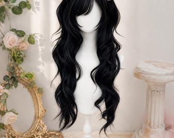Parrucca lunga nera ondulata fatta a mano con orecchie da gatto / Accessorio per capelli carino per cosplay Lolita / Parrucca dark Kawaii per tutti i giorni