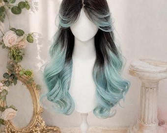 Parrucca ondulata blu sfumata fatta a mano, dalle radici nere ai capelli pastello verde menta, parrucca romantica da fata per cosplay, parrucca personalizzata per tutti i giorni
