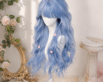 Parrucca ondulata blu pastello fatta a mano con frangia / Capelli lunghi ricci in stile Fairycore / Parrucca per cosplay fantasy