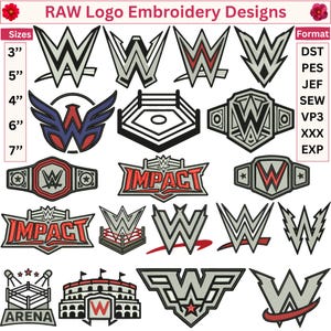 Peut inclure: Une collection de motifs de broderie RAW logo présentant divers graphismes sur le thème du catch, incluant le logo WWE sous plusieurs styles, des ceintures de champion, des rings et des icônes d'arène, avec des tailles de 3" à 7".
