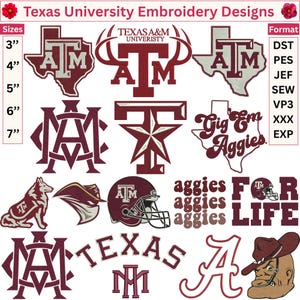 Peut inclure: Une collection de motifs de broderie de l'université Texas A&M avec des logos marron et blanc, incluant l'État du Texas, le monogramme ATM, un casque de football, une mascotte et du texte comme Gig Em Aggies et FOR LIFE dans divers styles.
