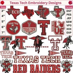 May include: A collection of Texas Tech embroidery designs featuring the school logo, mascot, and text in red, black, and white. The image displays various shapes including state outlines, circles, and pennants, with available sizes from 3 to 7 inches.