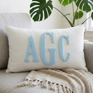 May include: A rectangular off-white throw pillow featuring the letters AGC in large, light blue, textured, tufted embroidery centered on the front. The pillow is positioned on a gray upholstered surface with a beige fringed throw blanket.