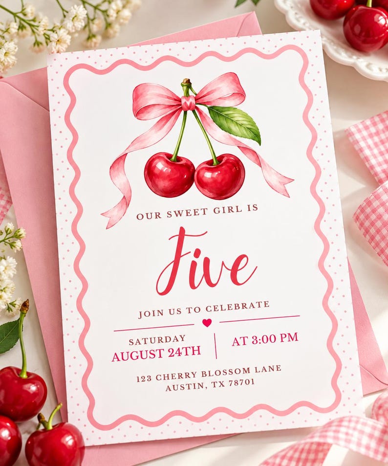 Pink Grad Invite Template Cherry Birthday Invitation Template, Editable Canva Invite, Pink Bow ...