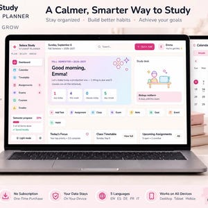 May include: A digital student planner interface titled Solace Study displayed on a laptop screen, a tablet, and a smartphone. The dashboard features a light pink and white color scheme with sections for calendar, timetable, assignments, exams, and goals.
