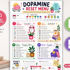 Menú de dopamina para TDAH imprimible, Menú de reinicio de dopamina, Hoja de trabajo de funciones ejecutivas, Recuperación del agotamiento imprimible, Planificador de autocuidado para TDAH en PDF