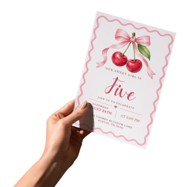Pink Grad Invite Template Cherry Birthday Invitation Template, Editable Canva Invite, Pink Bow ...
