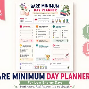 Bare Minimum Planner Printable, ADHD Planner, Low Energy Planner, Executive Function Tool, Burnout Recovery PDF