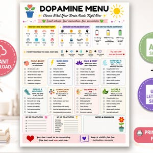 May include: A Dopamine Menu printable chart featuring sections for mood tracking, energy levels, and self-care activities. The document includes checklists for focus, quick wins, calm, and comfort, with A4 and US Letter size icons included.