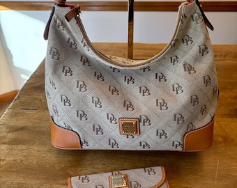 Vintage Dooney & Bourke Monogram Canvas Large Erica Hobo Bag and Wallet Set, Leather Trim, Gold Tone Hardware