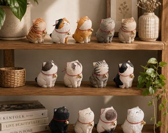 Hand Carved Wooden Calico Cat Figurine, Hand-Painted Basswood Kitten Statue, Cottagecore Decor