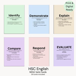 Pode incluir: Seis cartões educativos retangulares em cores pastel com texto em preto. Os cartões estão rotulados como Identify, Demonstrate, Explain, Compare, Respond e Evaluate, cada um fornecendo instruções específicas e pontuações para tarefas de verbos NESA.