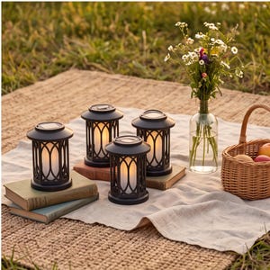 May include: Three black solar lanterns with arched metal frames and frosted cylindrical inserts emitting a warm glow. Each lantern features a square solar panel on top. They are arranged on vintage books alongside a glass vase of wildflowers.