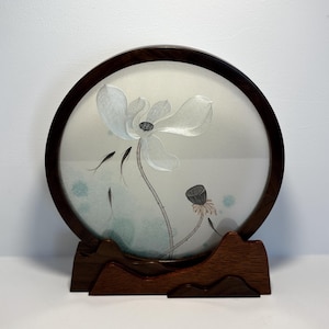 Double-sided silk embroidery in a frame with stand “Lotus Pond” / Handcrafted Double-Sided Suzhou Silk Embroidery Artwork – “Lotus Pond”