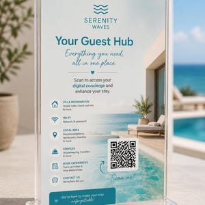 Op de afbeelding: Een doorzichtige acryl kaarthouder met een Serenity Waves gasteninformatiekaart. De kaart bevat een QR-code, de tekst 'Your Guest Hub' en iconen voor villa-informatie, wifi, lokale aanbevelingen, diensten, ervaringen en contactgegevens.