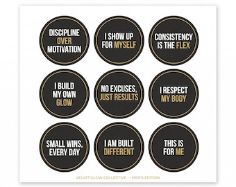 Motivational Phrase Circle Stickers Sticker Sheets | Black Gold Positive Affirmation Planner Labels