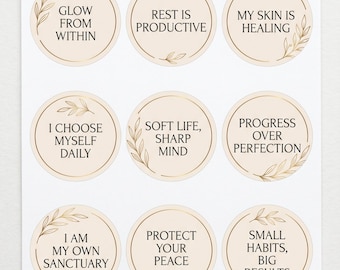 Velvet Glow Affirmation Sticker Sheet | 9 Round Wellness Stickers | Self Care Gift | Minimalist Gold