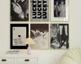 Ensemble de 6 affiches murales tendance en noir et blanc, style vintage.