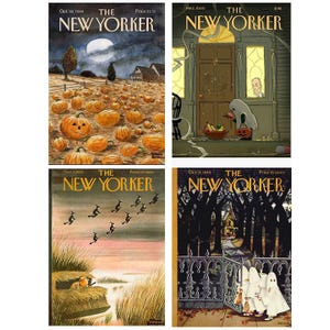以下が含まれることがあります： ハロウィーンをテーマにした「ザ・ニューヨーカー」誌の表紙4枚セット。満月の下のカボチャ畑、玄関先の幽霊、沼地の上を飛ぶ魔女、門を通る幽霊たちが描かれたイラストレーションがそれぞれ掲載されています。