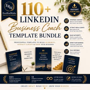 May include: A digital marketing template bundle for LinkedIn featuring the text 110+ LinkedIn Business Coach Template Bundle. The design includes gold and navy blue accents, five sample cards with motivational quotes, and icons for business growth.