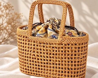 Bolso de mimbre Ata hecho a mano – Bolso de mano tradicional indonesio tejido con forro de batik