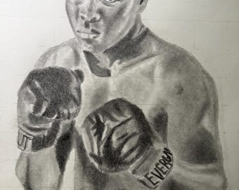 Dibujo a lápiz de grafito de una estampa de Muhammad Ali