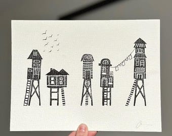 Petites maisons sur pilotis imprimées à la main | Impression d'art originale faite main (5 sur 5)