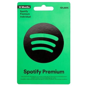 May include: A rectangular green Spotify Premium Individual gift card for 12 months, priced at 131,88€. The card features a large black circular logo with three curved lines in the centre and the text Spotify Premium printed in black.