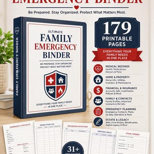 Puede incluir: Una carpeta azul oscuro titulada Ultimate Family Emergency Binder con un logotipo de escudo que contiene iconos médicos, de hogar, fuego y familia. Incluye 179 páginas imprimibles para registros médicos, financieros, seguros y planificación sucesoria.