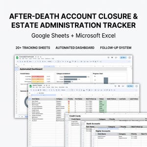 Peut inclure: Un modèle de feuille de calcul numérique intitulé AFTER-DEATH ACCOUNT CLOSURE & ESTATE ADMINISTRATION TRACKER pour Google Sheets et Microsoft Excel. Il comprend un tableau de bord automatisé, 20+ feuilles de suivi et un système de suivi.